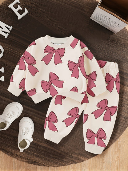 Suitable for Autumn - Girls' 0-3 Years Old - Round Neck Long Sleeve Bow Print Sweatshirt and Pants, Light Beige-Friendly Comfortable Warm Fashion Baby Outfit 2pcs Set Perfect for Parties and Outdoor Occasions, for Outdoor