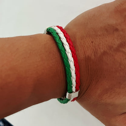 Handmade Braided Red, White, and Green Flag Faux Leather Bracelet - Fashionable Faux Leather Accessory with Metal Buckle, Ideal for National Holiday Celebrations, National Holiday Gift|Festive Accessory|Durable Faux Leather,