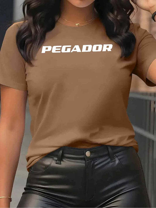 Women'S Elegant Y2K Fashion T-Shirt - Short Sleeve Crew Neck Casual Top with Stylish "PEGADOR" Print, Beige Color, Perfect for Summer & Spring, Sizes S-XXL, Ladies T Shirts