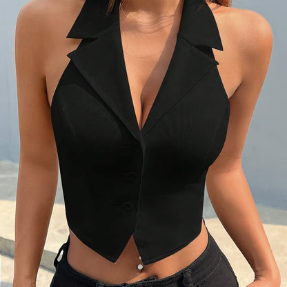 Women'S Sleeveless Button-Up Crop Top - Chic White Collarless Vest with Front Placket, Perfect for Summer, Casual or Layered Outfits, Versatile Fashion Piece | Buttonup Crop Top | Elegant Design, Sleeveless Tops