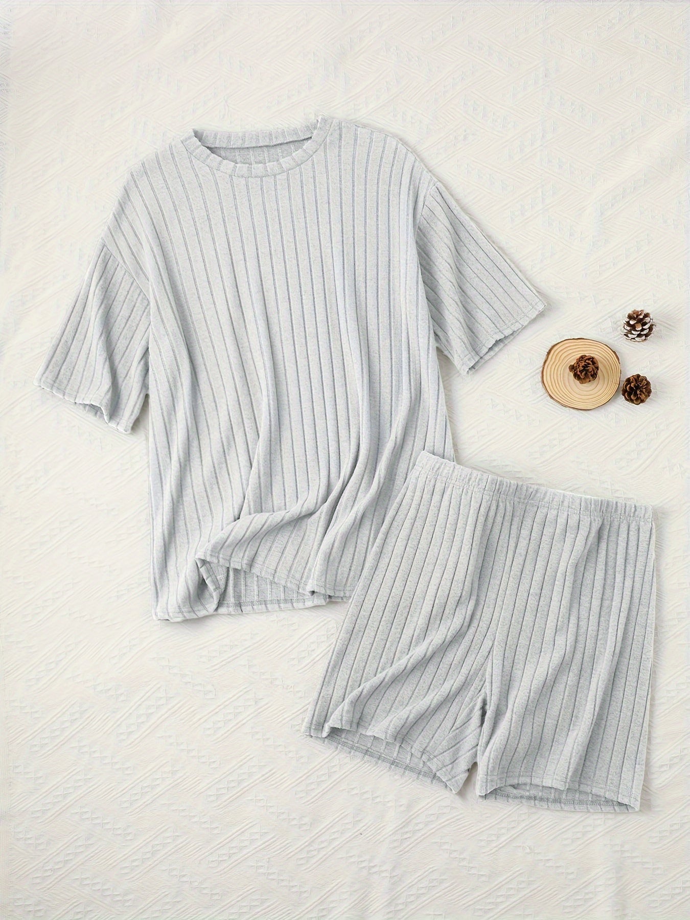 Women's Casual Lounge Set, Plus Size Solid Ribbed Short Sleeve Round Neck Top & Shorts Pajamas 2 Piece Set