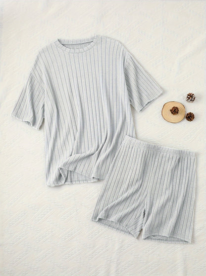 Women's Casual Lounge Set, Plus Size Solid Ribbed Short Sleeve Round Neck Top & Shorts Pajamas 2 Piece Set