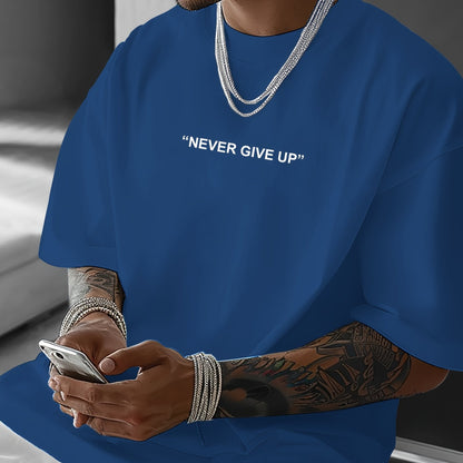 Men's "Never Give Up" Graphic Print Casual T-Shirt - Comfortable Crew Neck, Short Sleeve, Loose Fit for Spring & Summer, White Polyester Tee for Casual Attire, Casual Summer Wear | Loose Fit Top | Smooth Texture