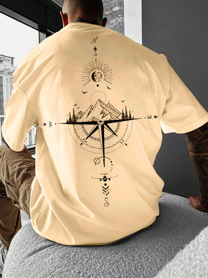 Men's Casual Compass Print T-Shirt - Breathable Polyester, Crew Neck, Short Sleeve - Perfect for Summer