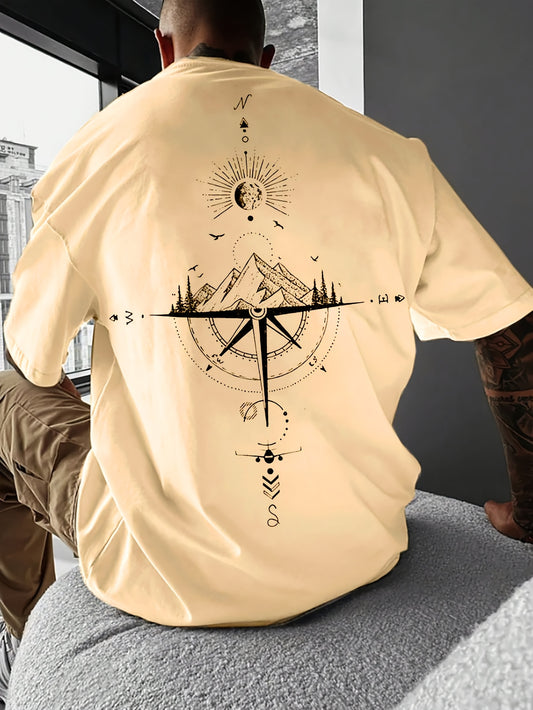 Men's Casual Compass Print T-Shirt - Breathable Polyester, Crew Neck, Short Sleeve - Perfect for Summer