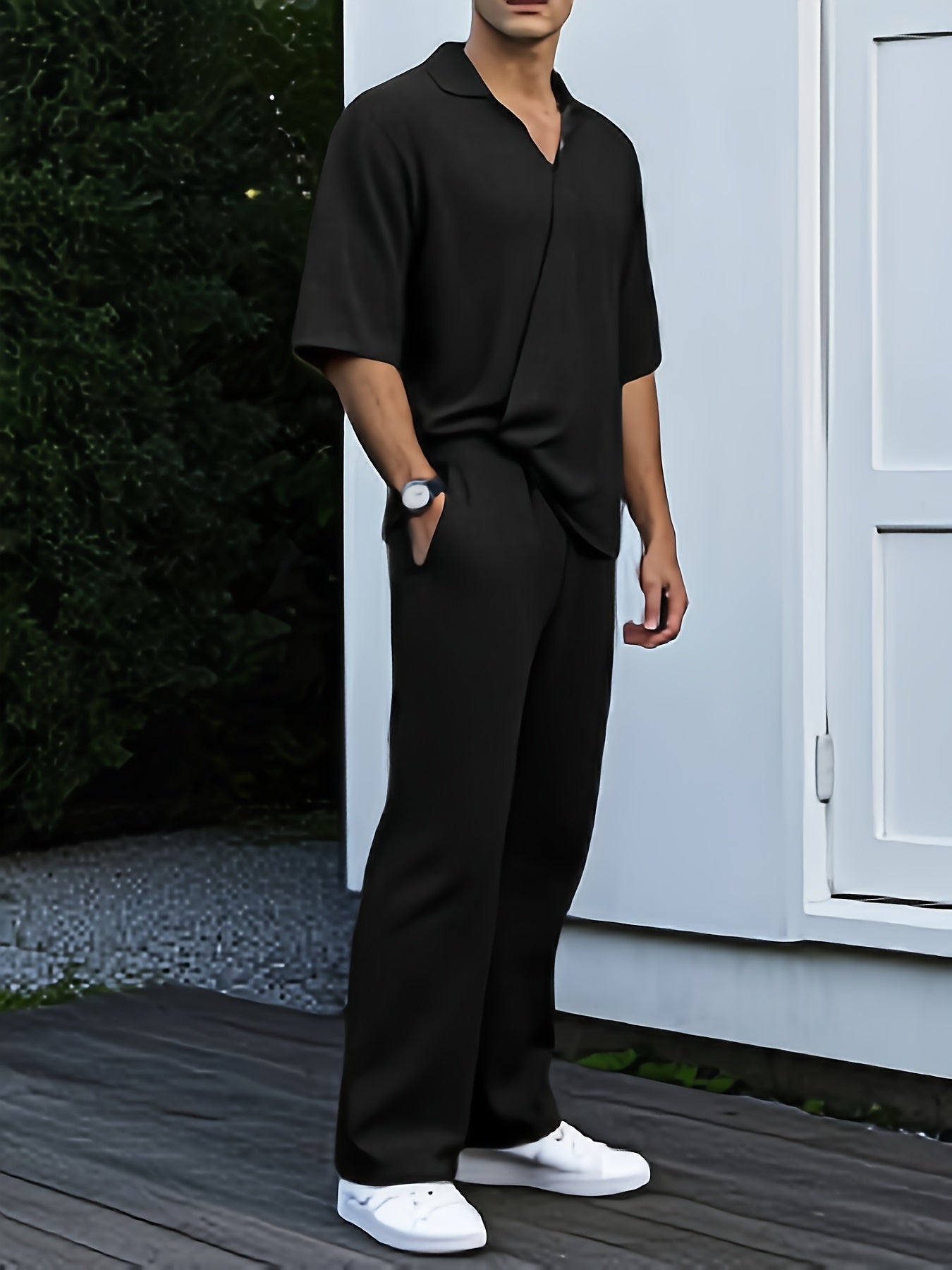 Men'S Summer Casual Short Sleeve Jumpsuit - Lightweight Breathable Fabric, Loose Fit with Adjustable Waist Belt, Pockets & V-Neck Design for Outdoor Travel, Beach, Home Wear - Black, Beach Attire, Minimalist Style, Comfortabl