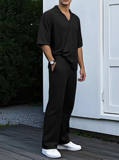 Men'S Summer Casual Short Sleeve Jumpsuit - Lightweight Breathable Fabric, Loose Fit with Adjustable Waist Belt, Pockets & V-Neck Design for Outdoor Travel, Beach, Home Wear - Black, Beach Attire, Minimalist Style, Comfortabl