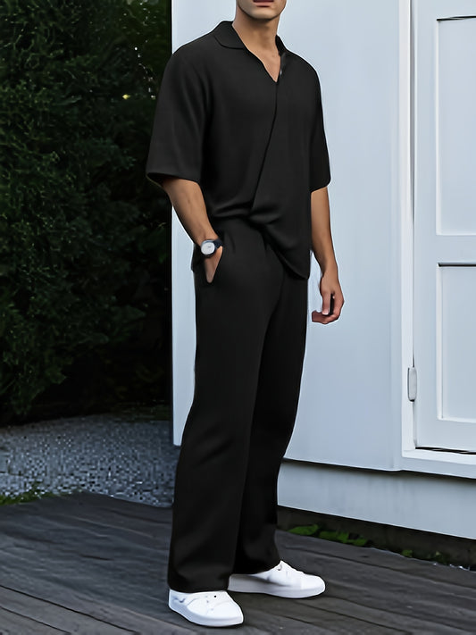 Men'S Summer Casual Short Sleeve Jumpsuit - Lightweight Breathable Fabric, Loose Fit with Adjustable Waist Belt, Pockets & V-Neck Design for Outdoor Travel, Beach, Home Wear - Black, Beach Attire, Minimalist Style, Comfortabl
