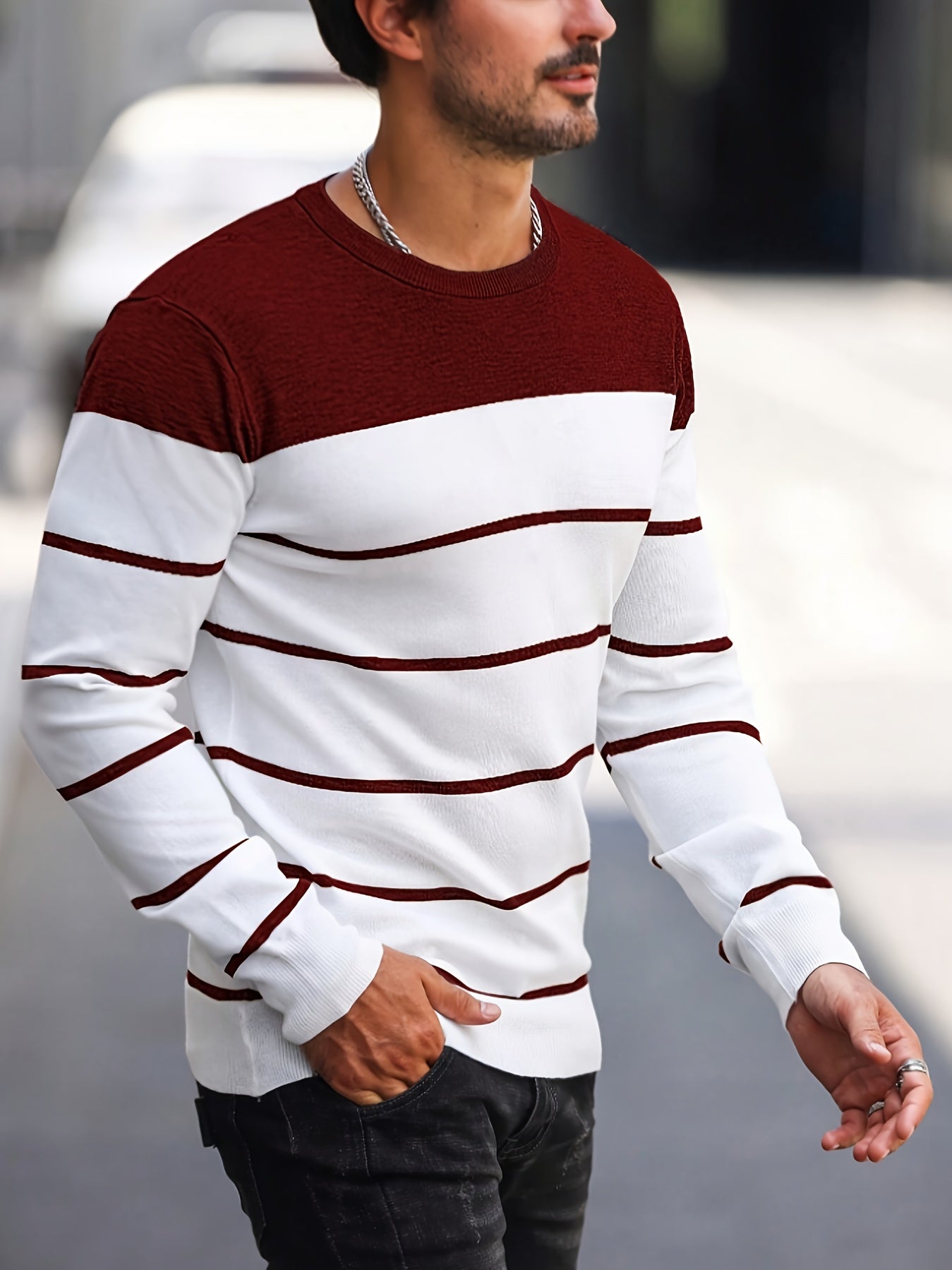 Men's Casual Striped Knit Pullover Sweater - Navy & White Contrast, Regular Fit H-Silhouette, Long Sleeve Crew Neck, Medium Stretch, Machine Washable for Spring & Fall, Mediumstretch Fabric