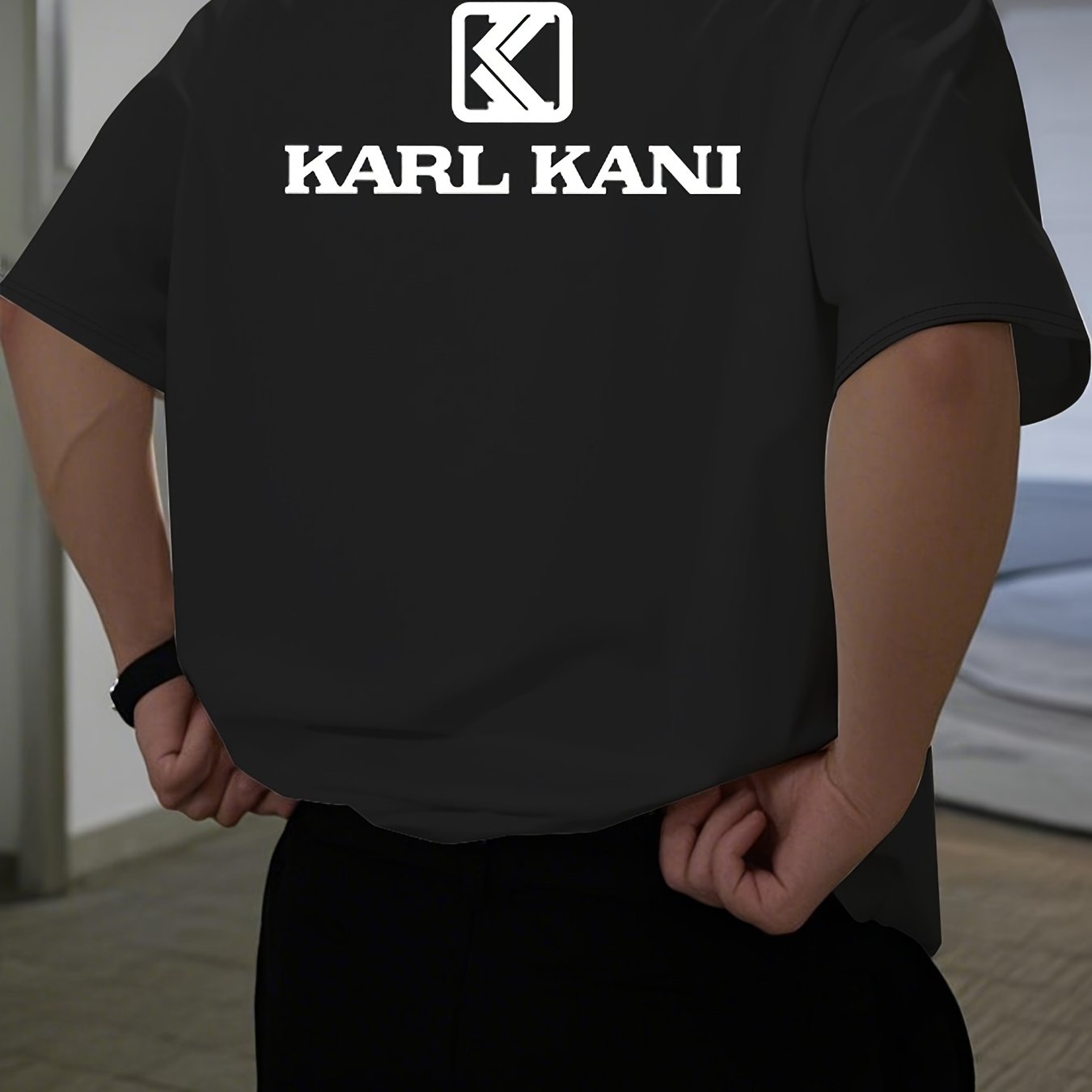 Men'S Casual Crew Neck T-Shirt with "KARL KANI" Graphic - Breathable, Moisture-Wicking, Short Sleeve, Regular Fit, Geometric Pattern, Ideal for Home & Outdoor Activities, All-Season Comfort, Outdoor Clothing | Relaxed Fit Shi