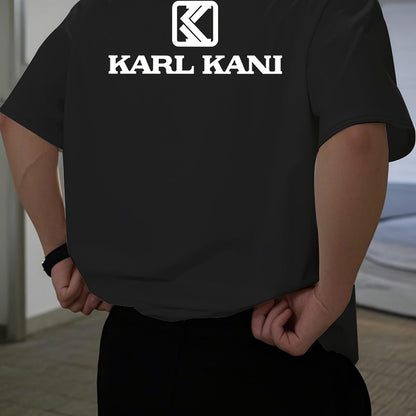 Men'S Casual Crew Neck T-Shirt with "KARL KANI" Graphic - Breathable, Moisture-Wicking, Short Sleeve, Regular Fit, Geometric Pattern, Ideal for Home & Outdoor Activities, All-Season Comfort, Outdoor Clothing | Relaxed Fit Shi