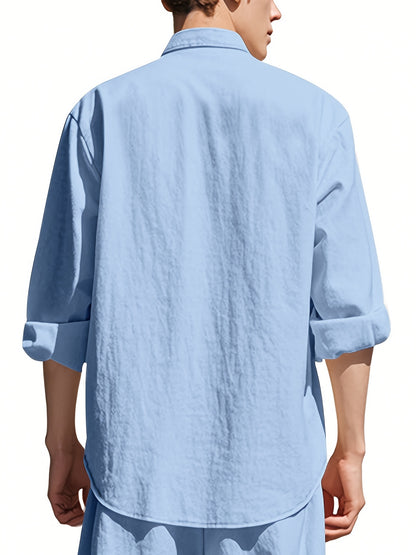 Men's Lightweight 95% Linen Shirt - Breathable Summer Casual Button-Up with Stand Collar, Regular Fit for Beach & Urban Wear, Solid Color