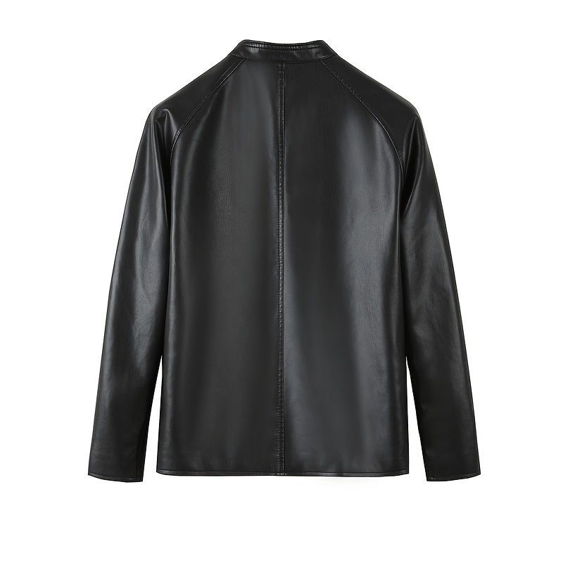 Men's Slim-Fit High Quality Windproof PU Leather Motorcycle Jacket - Vintage Bomber Style with Stand Collar, Ribbed Cuffs & Adjustable Drawstring, Softshell Casual Biker Outerwear, Casual Outerwear | Vintage Bomber Jacket | D