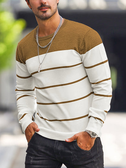 Men's Casual Striped Knit Pullover Sweater - Navy & White Contrast, Regular Fit H-Silhouette, Long Sleeve Crew Neck, Medium Stretch, Machine Washable for Spring & Fall, Mediumstretch Fabric