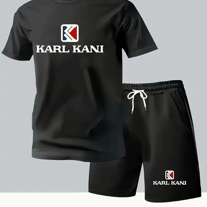 Summer Men's Casual Sport Short Sleeve T-Shirt and Shorts Set, Knitted Polyester Fabric, Comfortable Breathable, Suitable for Outdoor Jogging Running Fitness, KARL KANI Letter Print Design - 2pcs