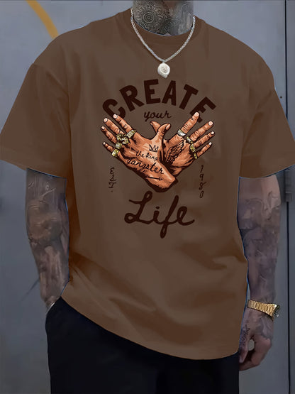 Men's Short-Sleeve T-Shirt with Inspirational "CREATE Your Own Life" Print & Prayer Hands Design - Elastic Round Neck, Breathable Fabric for Summer Outdoor Activities, Casual Comfort Fit, Machine Washable, Artistic Lifestyle