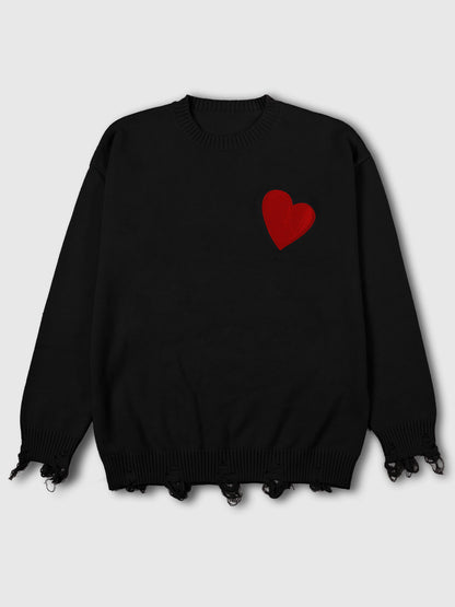 Cozy Men'S Red Heart Knit Sweater - Warm, Comfortable Loose Fit Pullover for Fall/Winter, Casual Crew Neck, Medium Stretch, Viscose Material