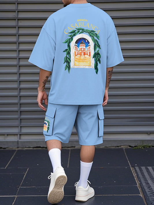 New Loose-Fitting Breathable Men'S Round Neck Short-Sleeved T-Shirt And Workwear Style Multi-Pocket Shorts Set Summer Leisure Sports Two-Piece Suit, Fashionable Sports Casual Versatile Tops And Pants for Men And Women