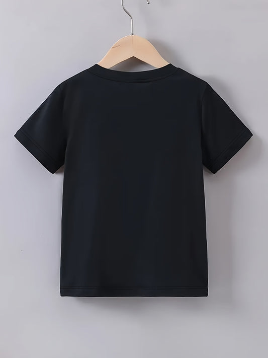 1pc Boys' Casual Summer T-Shirt with "ICON" Letter Print - Black, Short Sleeve, Round Neck, Stretchy Fabric, Perfect for Casual Attire, Everyday Tshirt | Bold Lettering Tee | Comfortable Fit