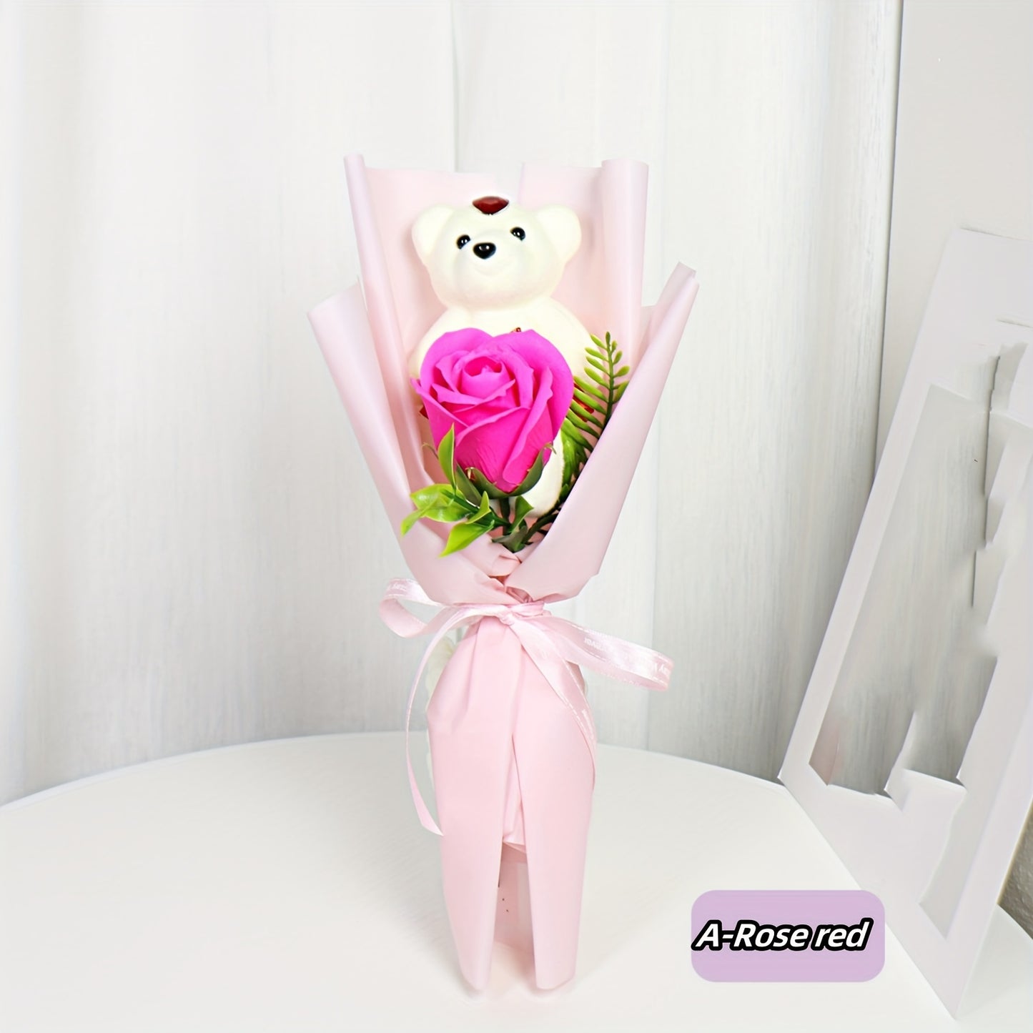 Artificial Red Rose Bouquet with Teddy Bear - Plastic Everlasting Floral Arrangement for Home Decor, Ideal Gift for Christmas, Valentine's Day, Mother's Day, Easter, Thanksgiving - No Container, Battery-Free, Electricity-Free