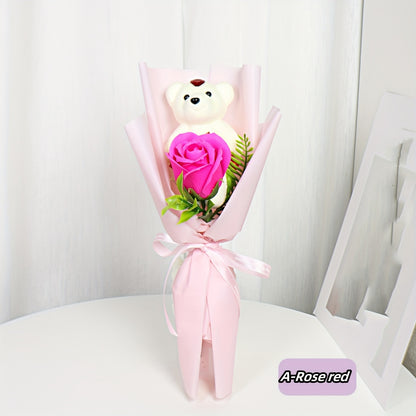 Artificial Red Rose Bouquet with Teddy Bear - Plastic Everlasting Floral Arrangement for Home Decor, Ideal Gift for Christmas, Valentine's Day, Mother's Day, Easter, Thanksgiving - No Container, Battery-Free, Electricity-Free