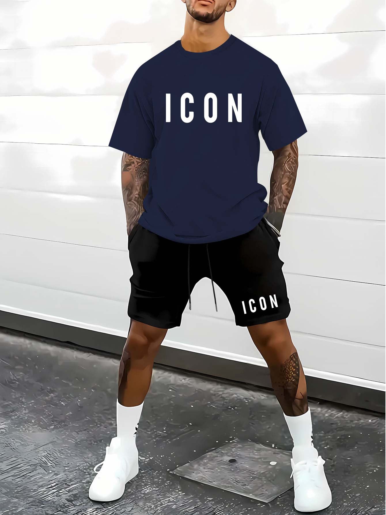 Men'S Casual Sporty Outdoor Two-Piece Set - Summer T-Shirt & Shorts with Bold "ICON" Print, Geometric Pattern, Regular Fit, Crew Neck, Light Blue & Black, Comfortable for Casual Attire, Leisure Clothing | Bold Print Shirt | C