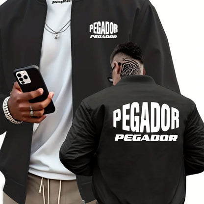Men's Heavy-Duty Full-Zip Jacket with PEGADOR Back Print - Olive Green Full-Zip Training Coat, Full-Length Zipper Closure, Machine Washable Winter Jacket for Gym, Outdoor & Casual Wear - Athletic Windbreaker for Men, Geometri