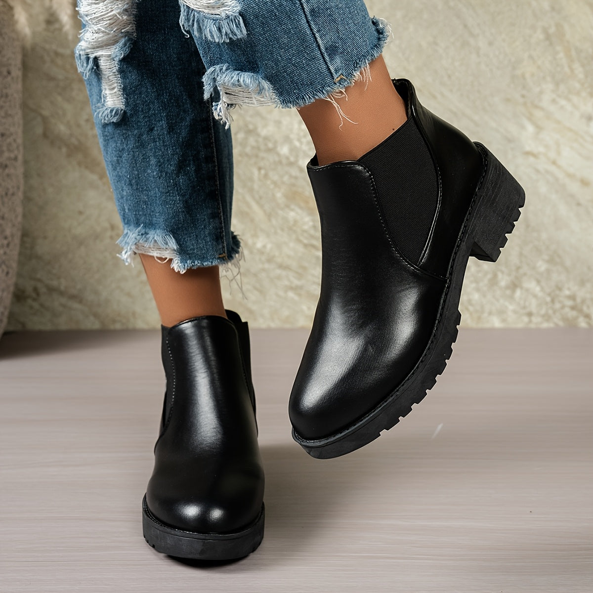 MagiMoBo Women'S Slip-On Chunky Mid-Heel Ankle Boots - Faux Cover Round Toe Platform Boots with Thick Rubber Sole, All-Season Casual Versatile Boots for Casual Attire, Comfortable Walking Boots, Durable Fabric Insole