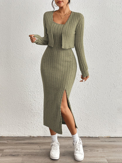 Simple y Fleece Two-Piece Dress and Jacket Set