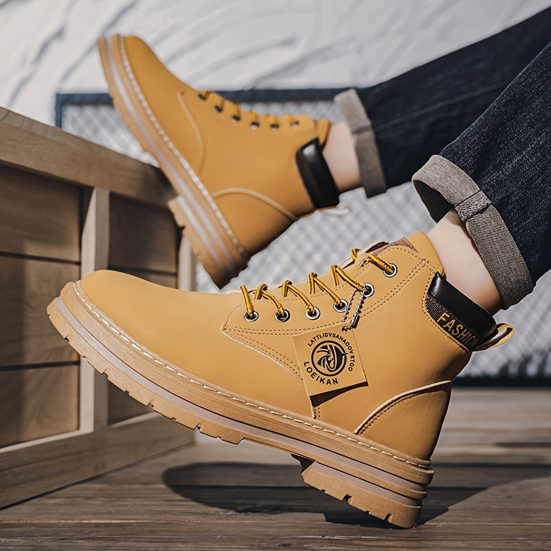 Men'S Olive Green Casual Boots - Comfortable Lace-Up Ankle Boots with Thick Cushioned PVC Sole, Round Toe & Breathable Fabric Lining for All-Season Wear, Everyday Footwear, Minimalist Design, Durable Construction