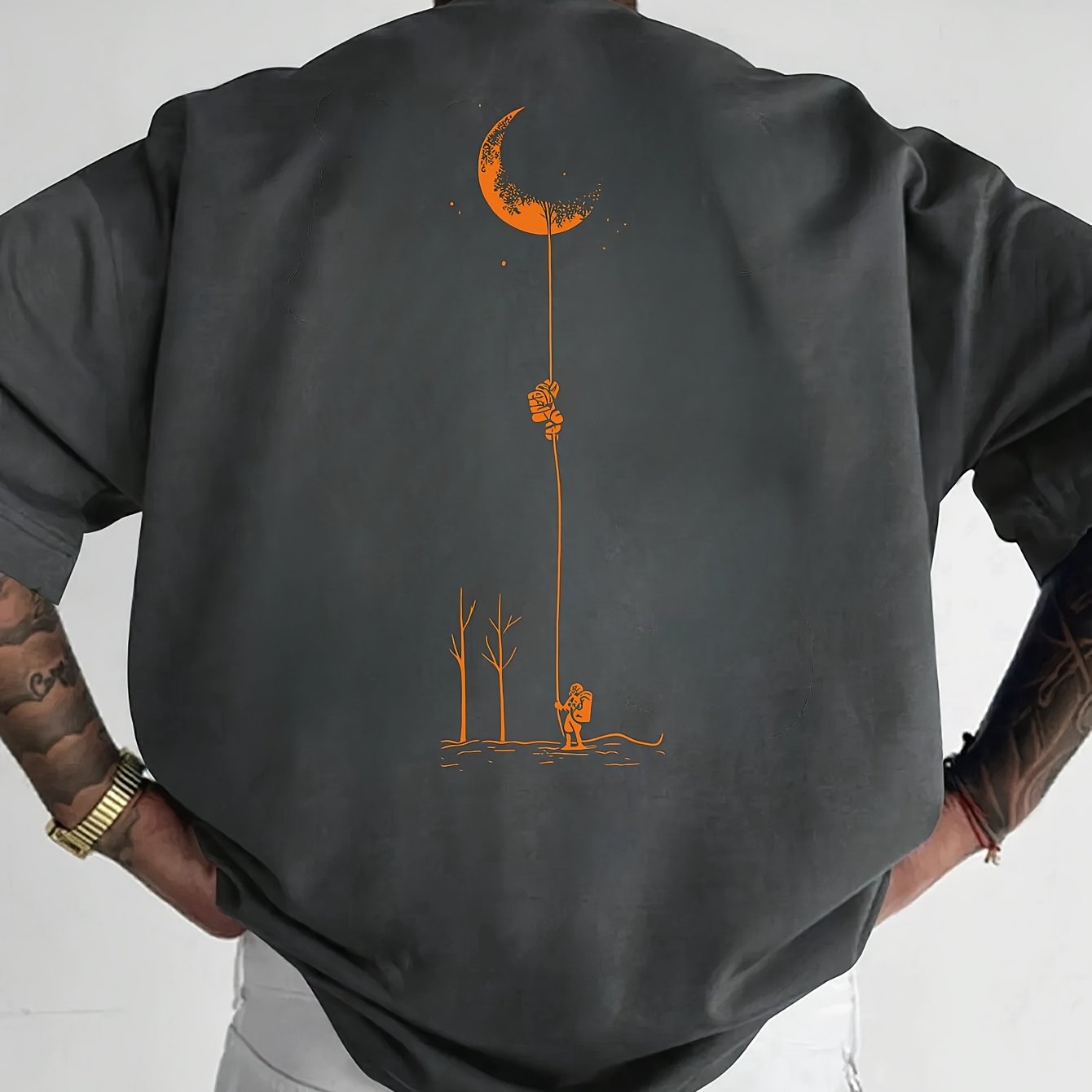 Men's Graphic Print Short Sleeve T-Shirt - Black Relaxed Fit Casual Round Neck, Durable Polyester Fabric, Machine Washable Summer Outdoor Top, Moon And Trees Design | Lightweight Clothing