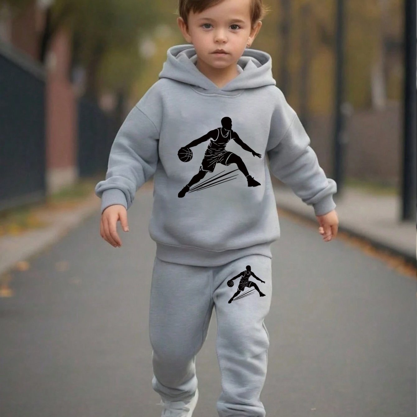 2pcs Boys Basketball Player Print Hoodie Set, Long Sleeve Hooded Sweatshirt And Sports Pants, Polyester 100.00% Knit Fabric, Casual Style, Medium Stretch, Fall/Winter Season, for Outdoor