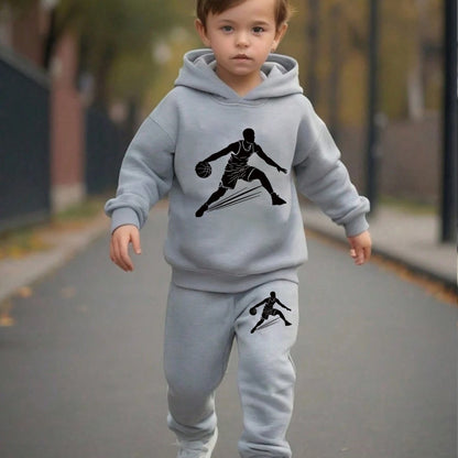 2pcs Boys Basketball Player Print Hoodie Set, Long Sleeve Hooded Sweatshirt And Sports Pants, Polyester 100.00% Knit Fabric, Casual Style, Medium Stretch, Fall/Winter Season, for Outdoor