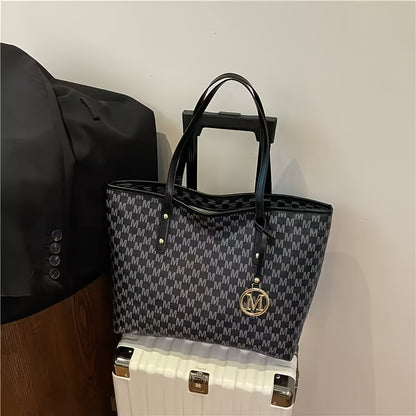 2025 Women's Designer-Inspired Large Tote Bag - Geometric Synthetic Leather Handbag with Detachable Golden Chain Strap & 'M' Monogram Accent, Lightweight Work Purse for Office, School, Shopping - Coffee Brown, Beige, Black -