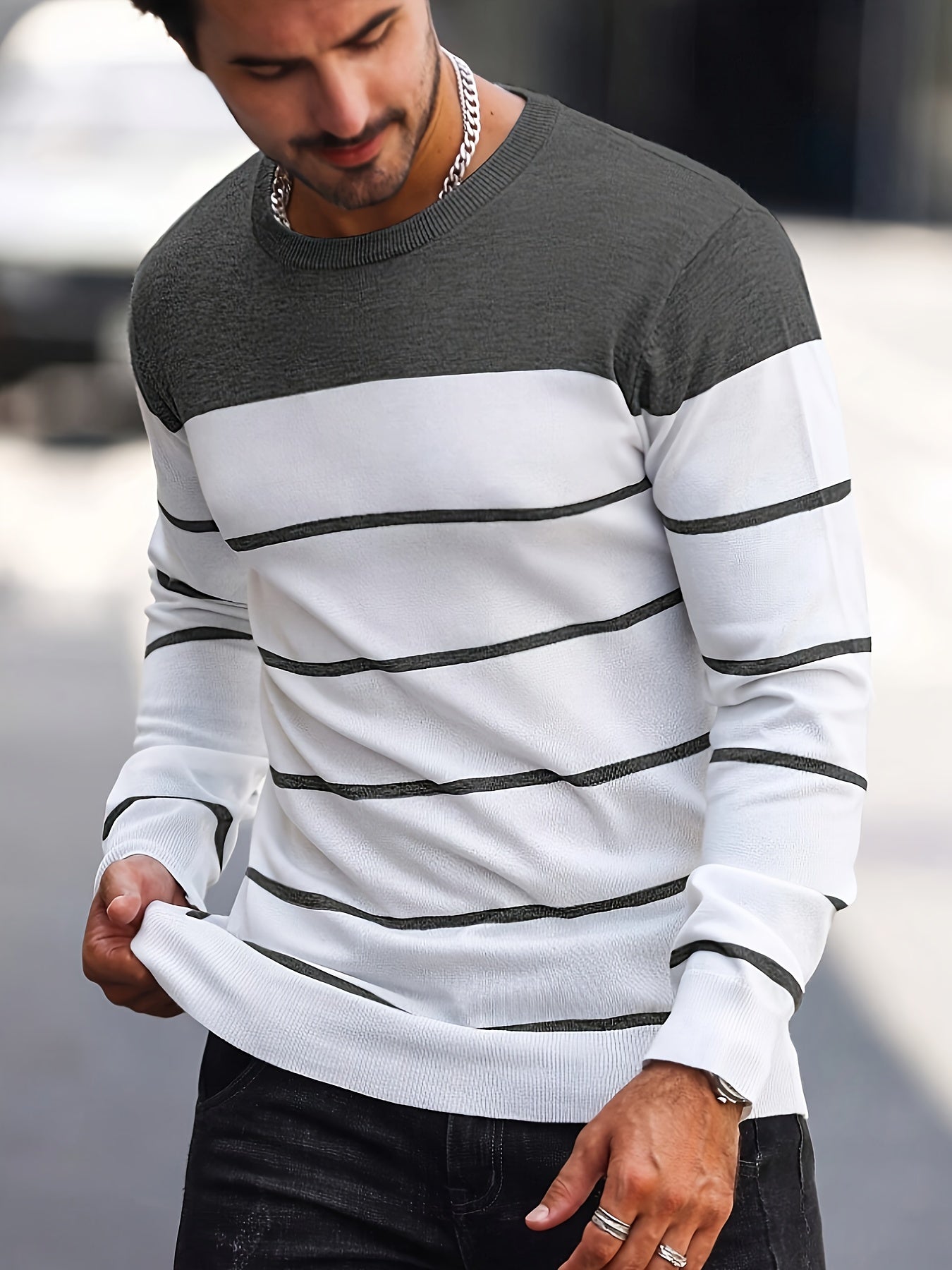 Men's Casual Striped Knit Pullover Sweater - Navy & White Contrast, Regular Fit H-Silhouette, Long Sleeve Crew Neck, Medium Stretch, Machine Washable for Spring & Fall, Mediumstretch Fabric