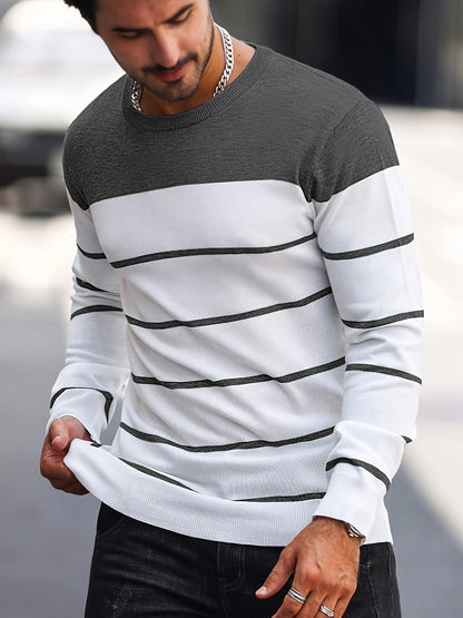 Men's Casual Striped Knit Pullover Sweater - Navy & White Contrast, Regular Fit H-Silhouette, Long Sleeve Crew Neck, Medium Stretch, Machine Washable for Spring & Fall, Mediumstretch Fabric