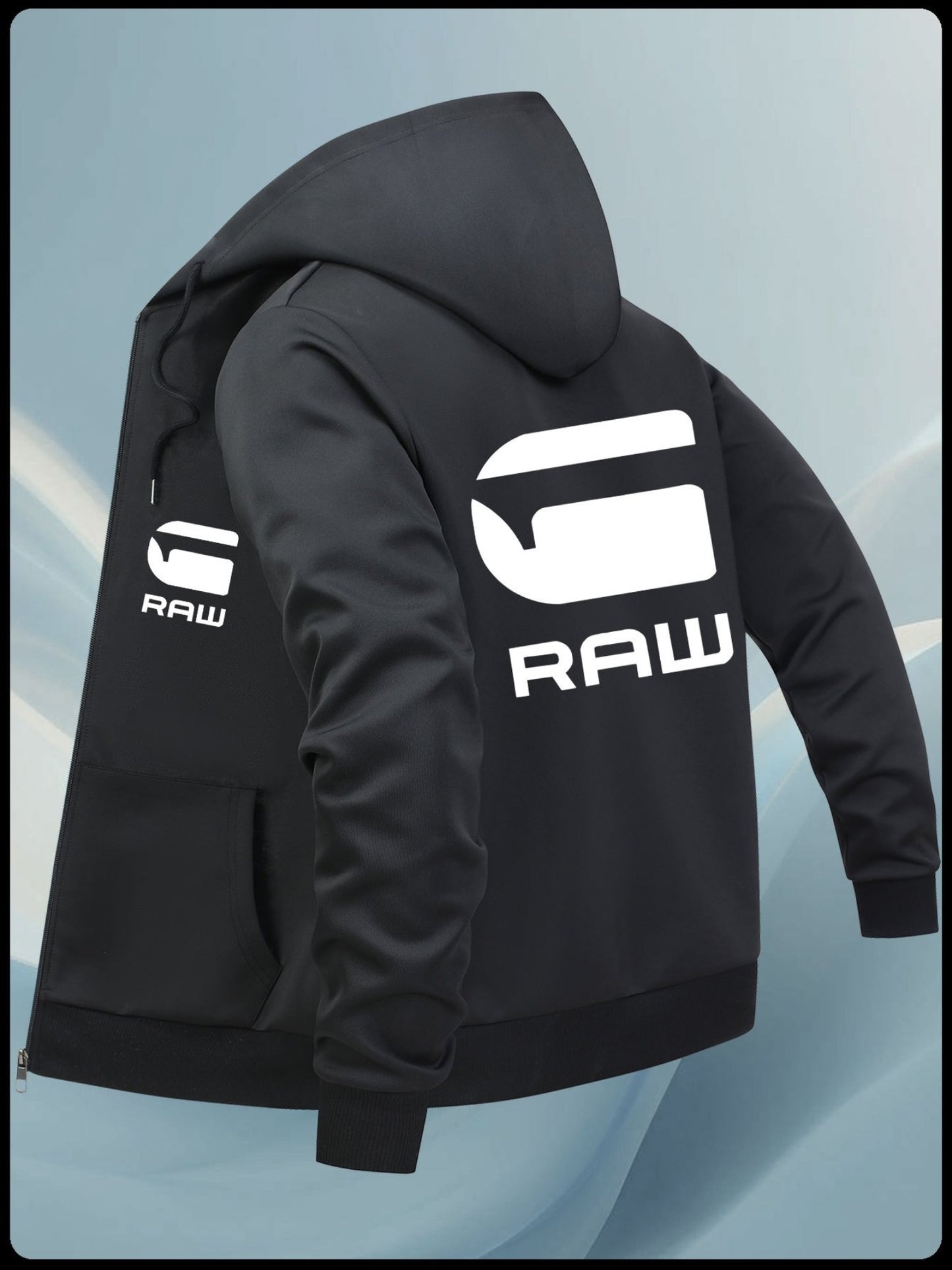 Men'S Casual Hooded Jacket with "RAW" Graphic Print - Light Gray Zip-Up Coat, Polyester Lining, Regular Fit, Front Pockets, Casual Outerwear | Trendy Casual Jacket | Polyester Lined Interior