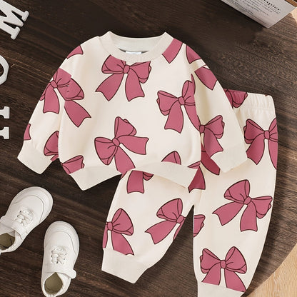 Suitable for Autumn - Girls' 0-3 Years Old - Round Neck Long Sleeve Bow Print Sweatshirt and Pants, Light Beige-Friendly Comfortable Warm Fashion Baby Outfit 2pcs Set Perfect for Parties and Outdoor Occasions, for Outdoor