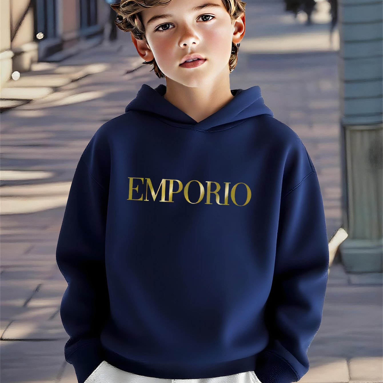 Boys' Cozy Soft Hoodie with "EMPORIO" Print - Navy Blue Casual Long Sleeve Pullover for Fall/Winter, Comfortable Outdoor Sportswear, Hoodie for Winter, Autumn Clothing, Stylish Pullover, Soft Fabric Hoodie