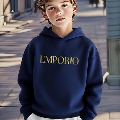 Boys' Cozy Soft Hoodie with "EMPORIO" Print - Navy Blue Casual Long Sleeve Pullover for Fall/Winter, Comfortable Outdoor Sportswear, Hoodie for Winter, Autumn Clothing, Stylish Pullover, Soft Fabric Hoodie
