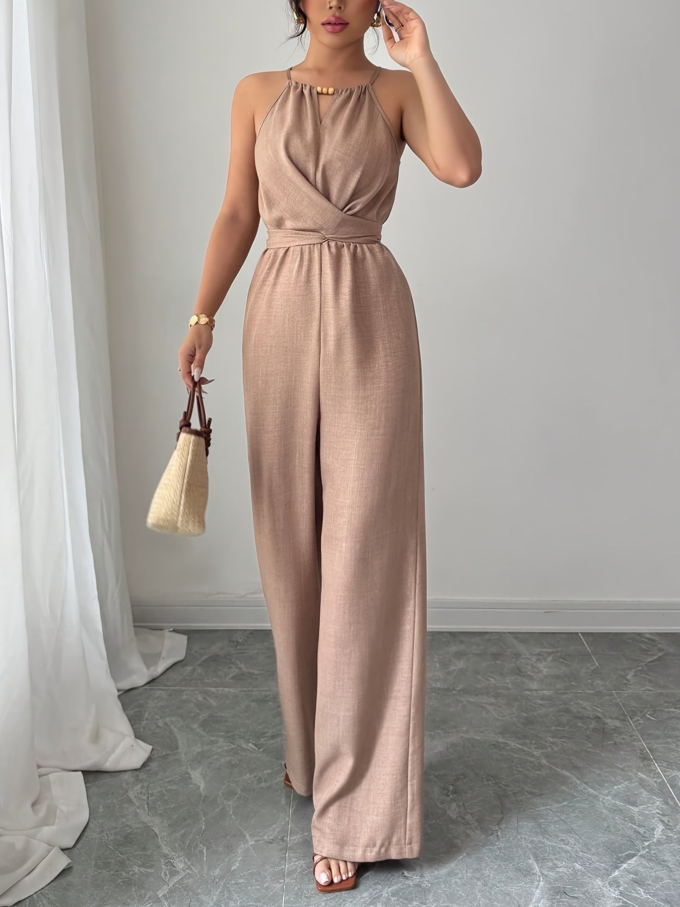 Women'S Elegant Off-Shoulder Twist Front Jumpsuit - Beige Wide-Leg Jumpsuit with Adjustable Waist Tie, Perfect for Spring & Summer Casual or Dressy Outfits, Casual Chic Wear | Offshoulder Fashion | Polyester Fabric