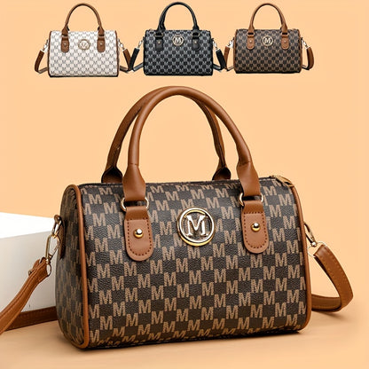 Perfect Lily Women'S Mini Shoulder Bag with Golden "M" Monogram - Elegant Houndstooth Design, Detachable Strap, Lightweight Synthetic Faux Leather Purse for Work, Travel, Parties & Gifts (White/Black/Brown), Small Crossbody B
