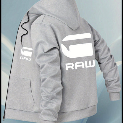 Men'S Casual Hooded Jacket with "RAW" Graphic Print - Light Gray Zip-Up Coat, Polyester Lining, Regular Fit, Front Pockets, Casual Outerwear | Trendy Casual Jacket | Polyester Lined Interior
