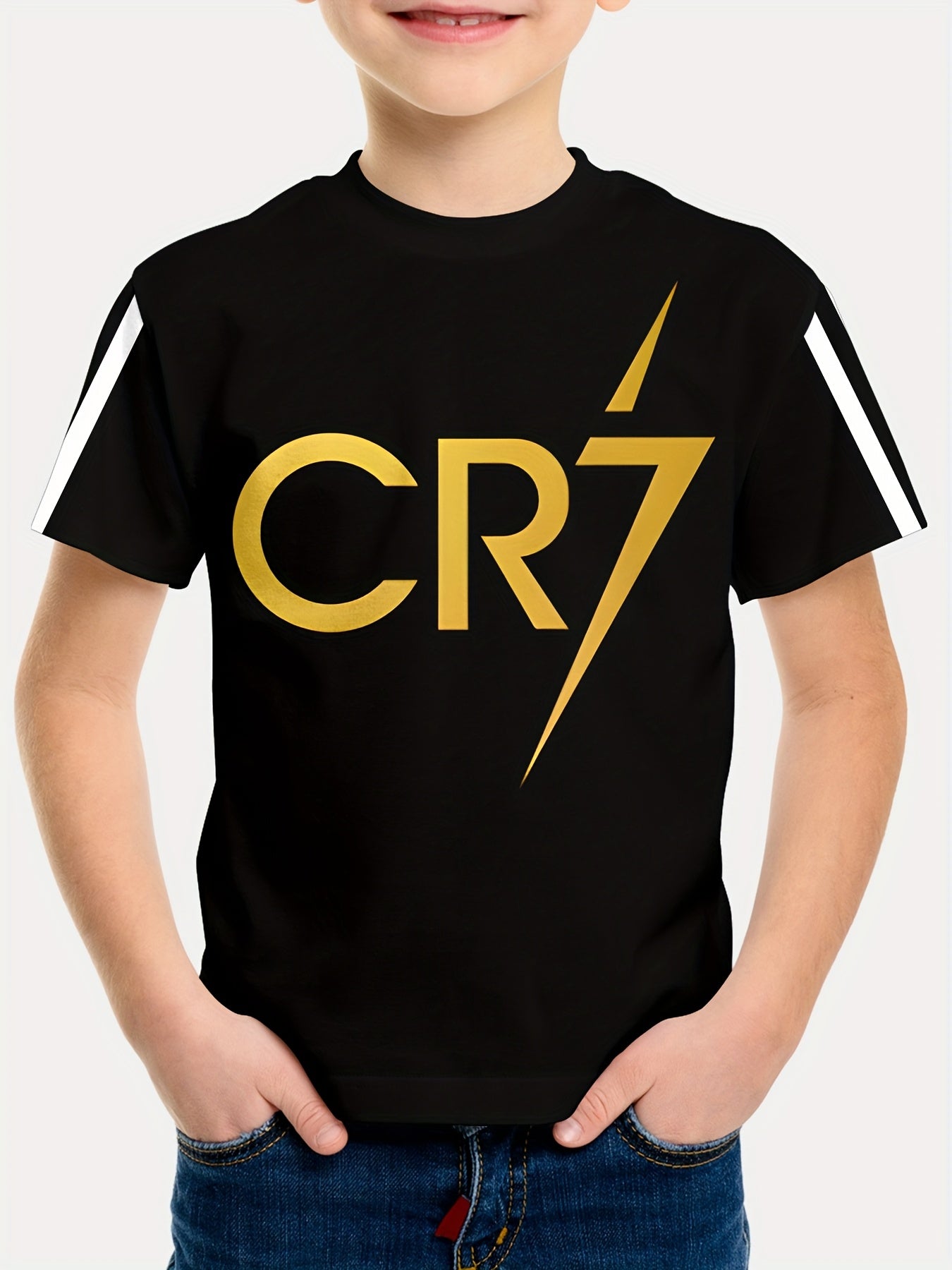 Boys' CR7 Lightning Bolt Graphic T-Shirt - Black Casual Short Sleeve Crewneck with Golden & White Stripe Design, Comfortable Summer Top for Youngsters, Youngsters's Pullover | Graphic Tee | Machine Washable, Tween Boy Clothes