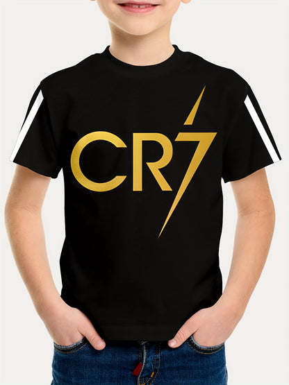 Boys' CR7 Lightning Bolt Graphic T-Shirt - Black Casual Short Sleeve Crewneck with Golden & White Stripe Design, Comfortable Summer Top for Youngsters, Youngsters's Pullover | Graphic Tee | Machine Washable, Tween Boy Clothes