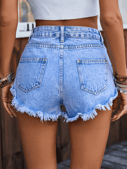 Elegant High-Waist Ripped Denim Shorts for Women - Slim Fit, Mid-Rise, Summer Casual Style with Distressed Blue Jean Shorts, Casual Summer Wear|Ripped Denim Shorts| Fabric