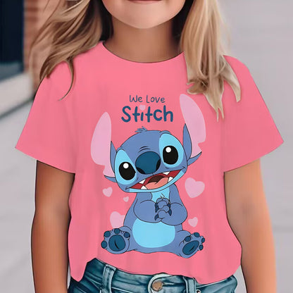 Youngsters' Stitch Cartoon Print T-Shirt - Pink Casual Summer Top with "We Love Stitch" Design, Soft & Breathable Knit Fabric, Round Neck, Machine Washable, Perfect for Youngsters' Playtime & Holidays, Youngsters'S Playtime S