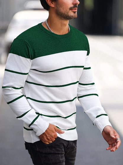 Men's Casual Striped Knit Pullover Sweater - Navy & White Contrast, Regular Fit H-Silhouette, Long Sleeve Crew Neck, Medium Stretch, Machine Washable for Spring & Fall, Mediumstretch Fabric