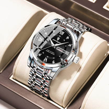 1pc Men's Fashion Stainless Steel Quartz Watch with Date Function, Rhinestone Accents, Luminous Hands, Round Dial - Casual Style, Battery Powered, Water Resistant, Ideal Gift for Birthdays and Anniversaries