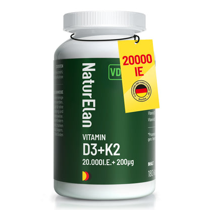 High-dose Vitamin D3 K2 capsules - 20000I.E. + Vitamin K2 MK7 200 mcg per dose, 20 days per capsule, 1000 IU Vitamin D per day, 180 vegetarian capsules, without additives, produced in Germany